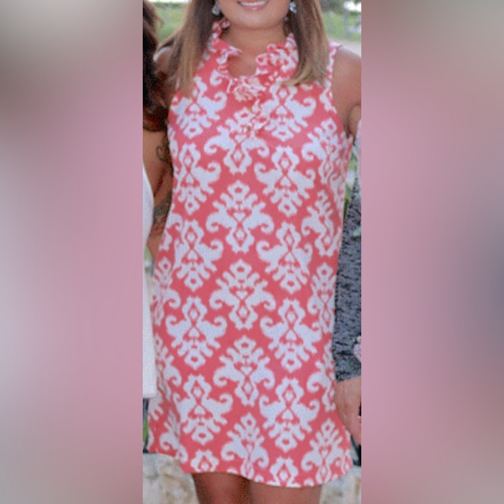 Mudpie Sleeveless Ruffled Neck Dress in Coral and White Floral Pattern Size M